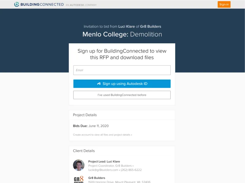 BuildingConnected bid invitation with a Sign up using Autodesk ID button