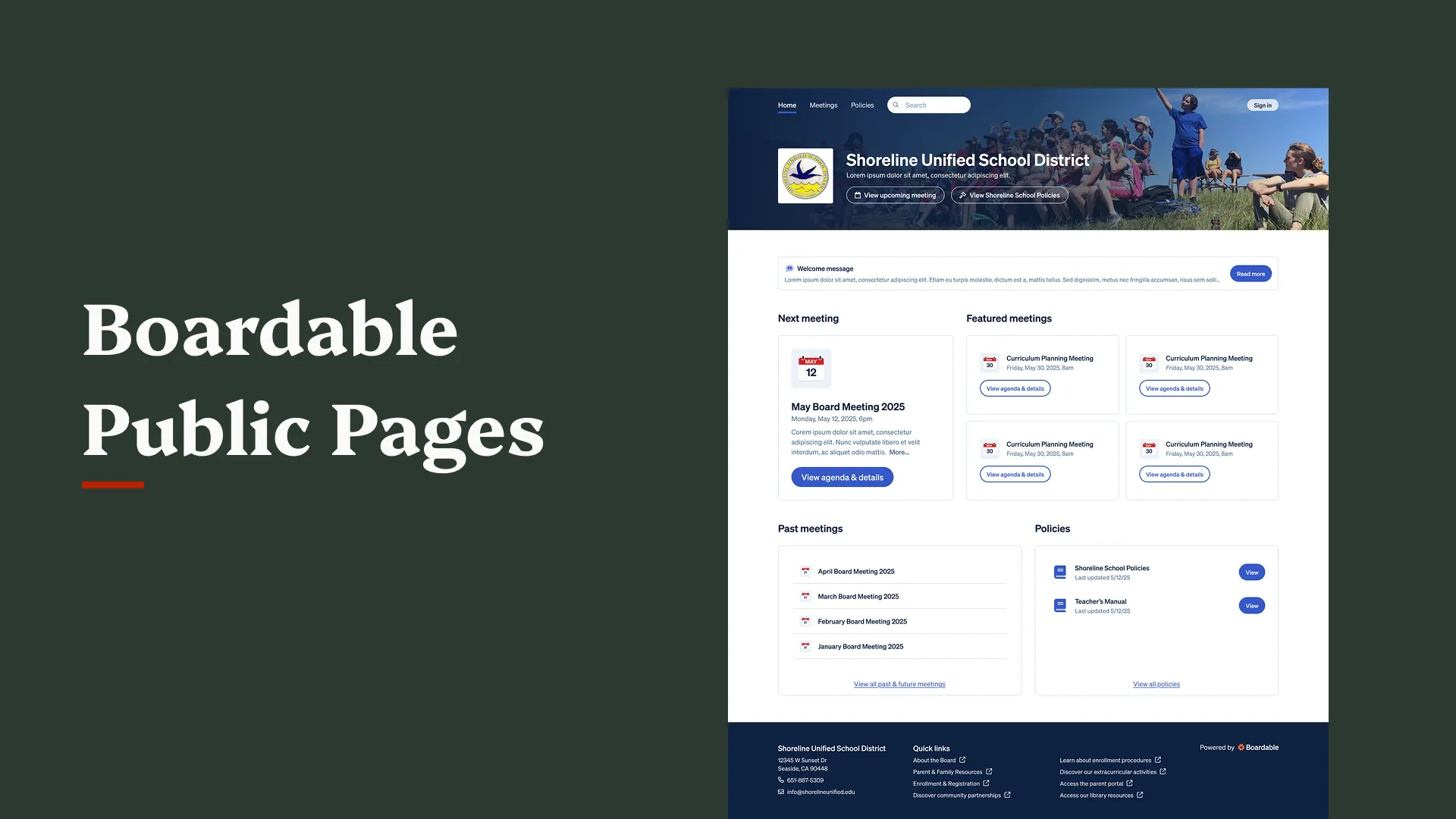 Title slide: Boardable Public Pages, beside a school district home page showing upcoming board meetings and policies