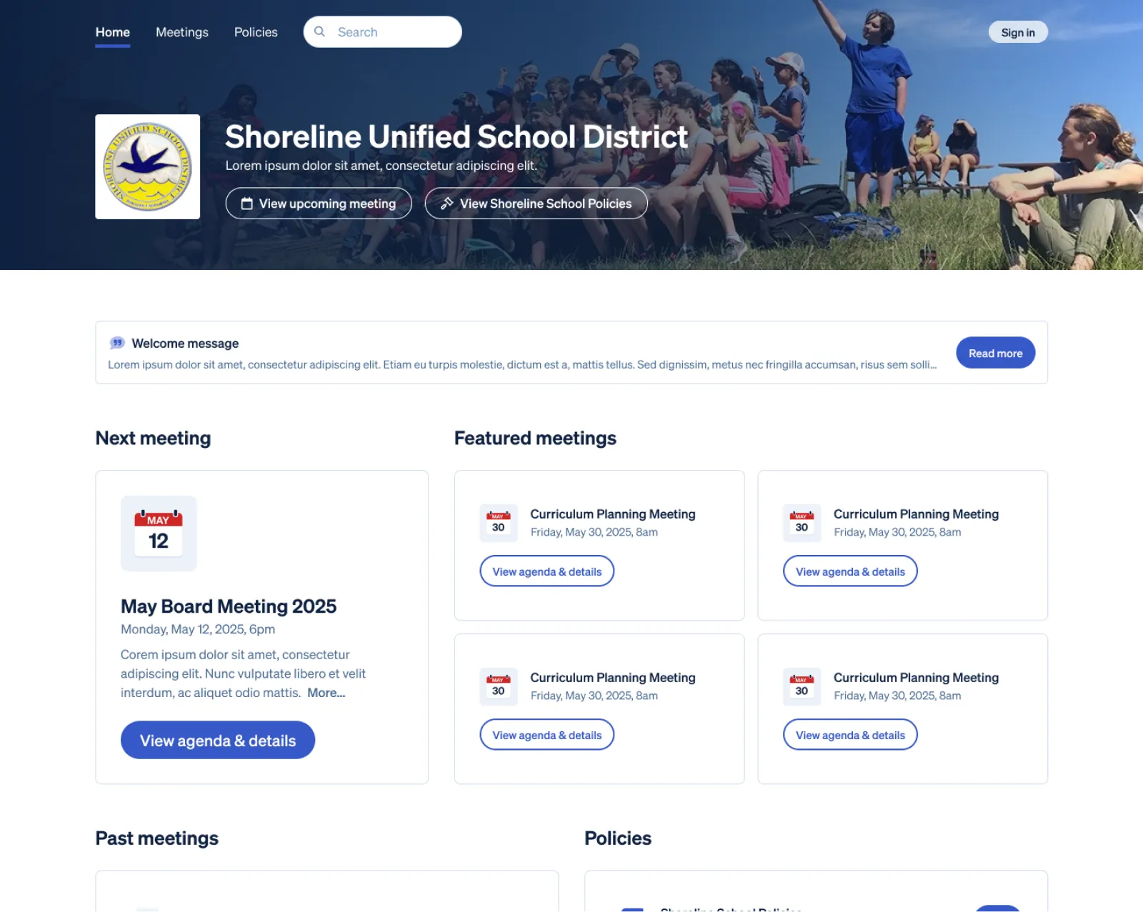 Mock-up of a school district website built on Boardable's public education sites
