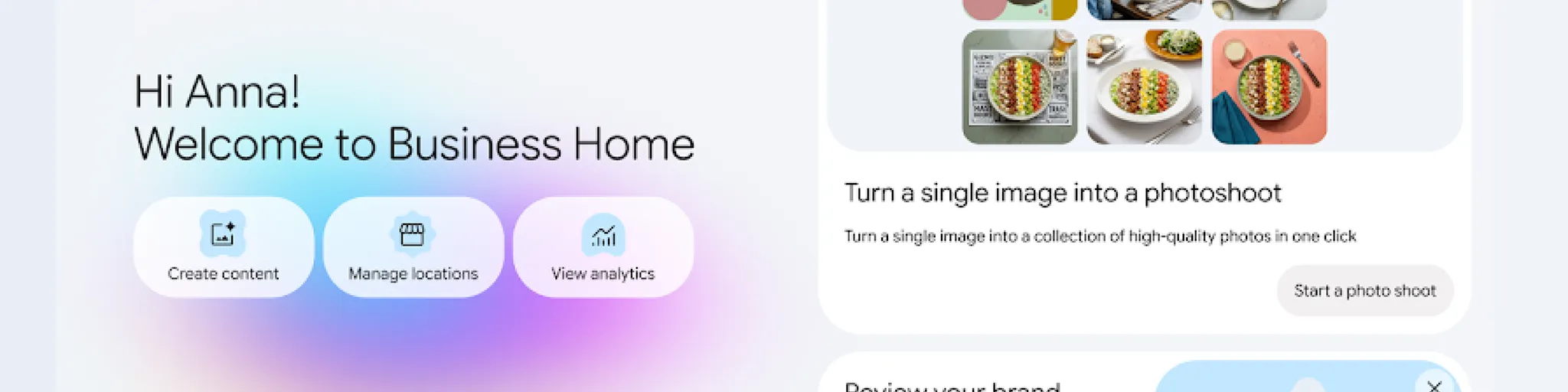 Welcome to Business Home, with shortcuts to create content, manage locations, and view analytics