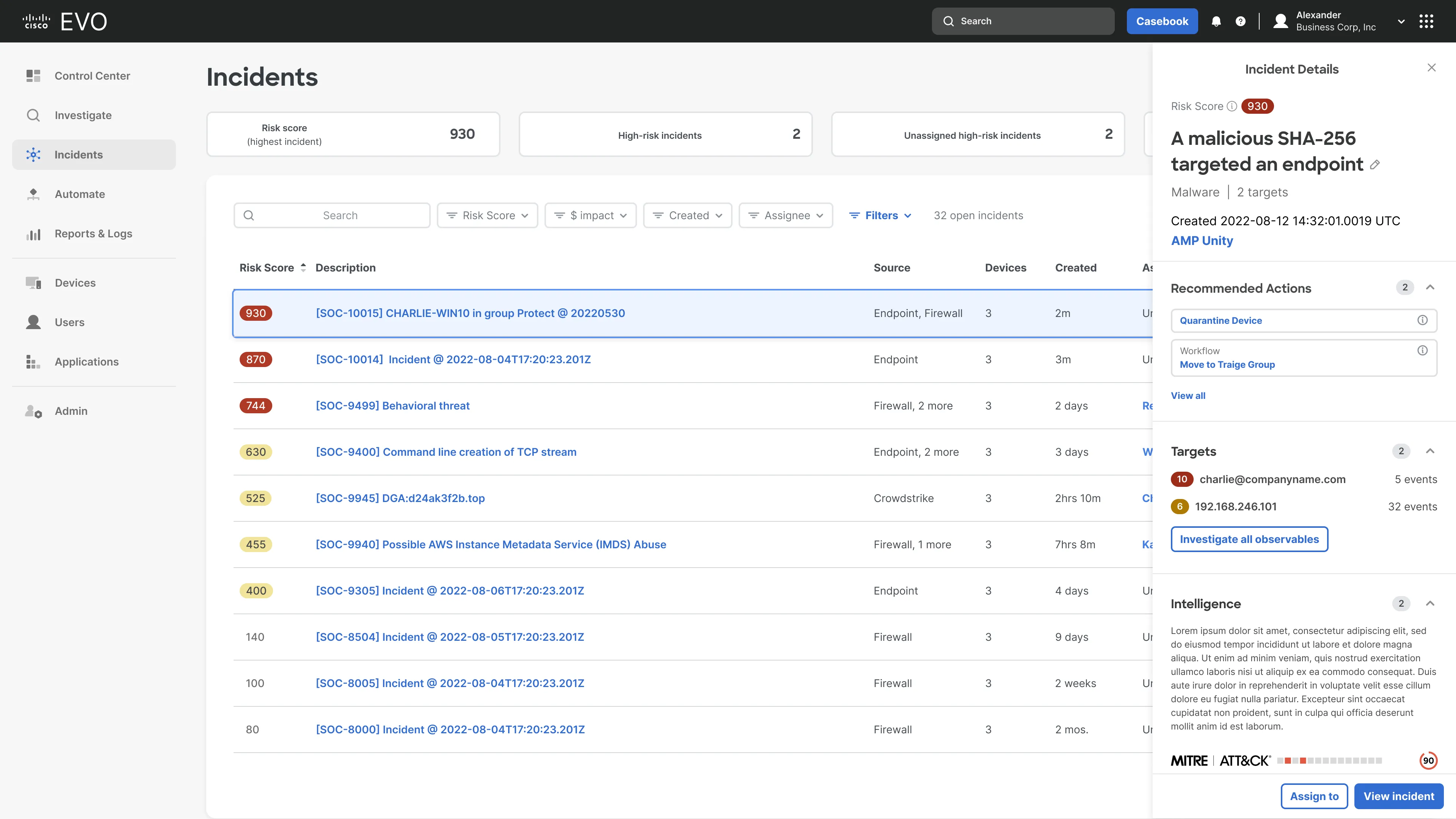 Cisco cybersecurity incident details dashboard