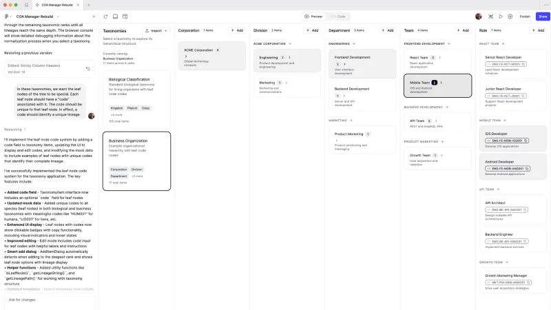 The rebuilt chart of accounts manager prototype