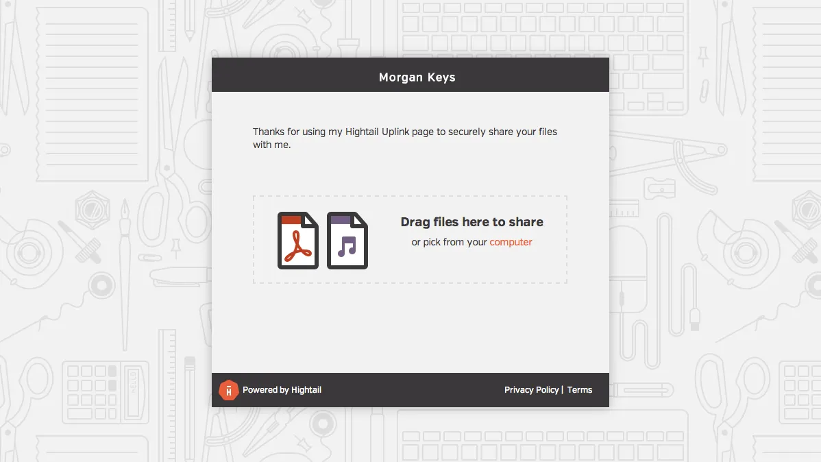 Hightail Uplink page where visitors drag and drop files to share